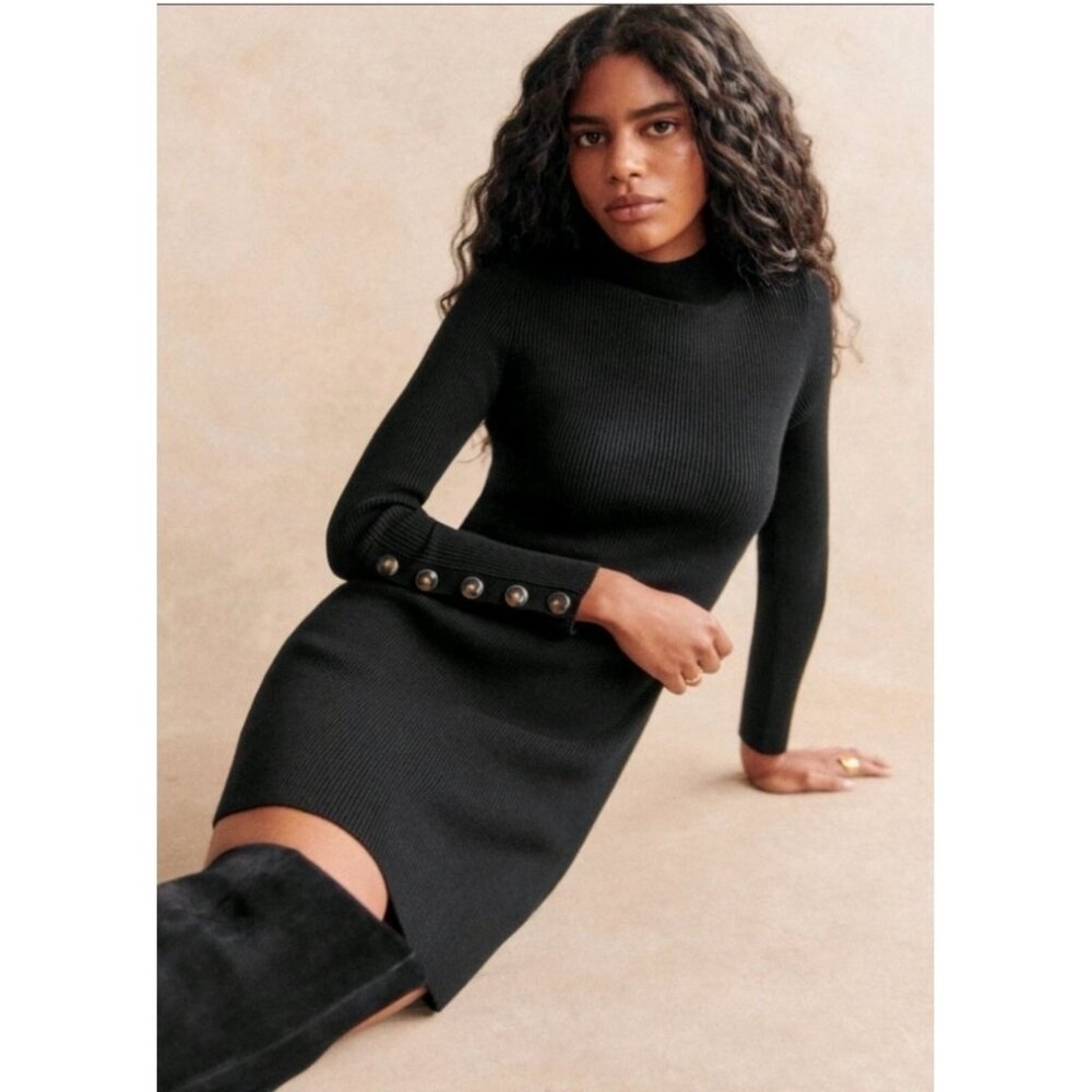 Sézane La Maille Merino Wool Turtleneck Sweater Dress Black Long Sleeve ButtonXS